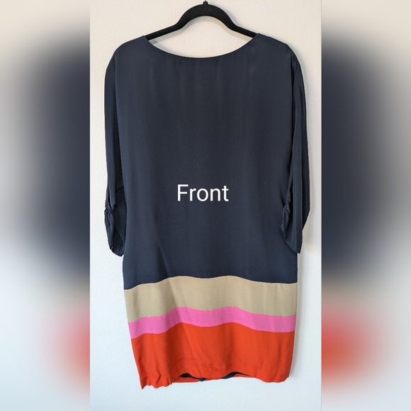 Eliza J NEW  100 % Silk Colorblock Crepe De Chine Navy Dress Belt Sz10 Knee Leng - Picture 2 of 13